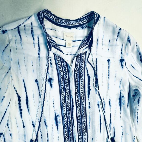 Chico's Button-Up Long Sleeve Shirt Boho Tie-Dye Effect Women 1 (M) White Blue - Picture 5 of 13